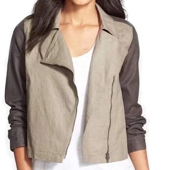 Eileen Fisher Coated Organic Linen Asymmetrical Zip Two Tone Jacket Medium - Picture 1 of 9
